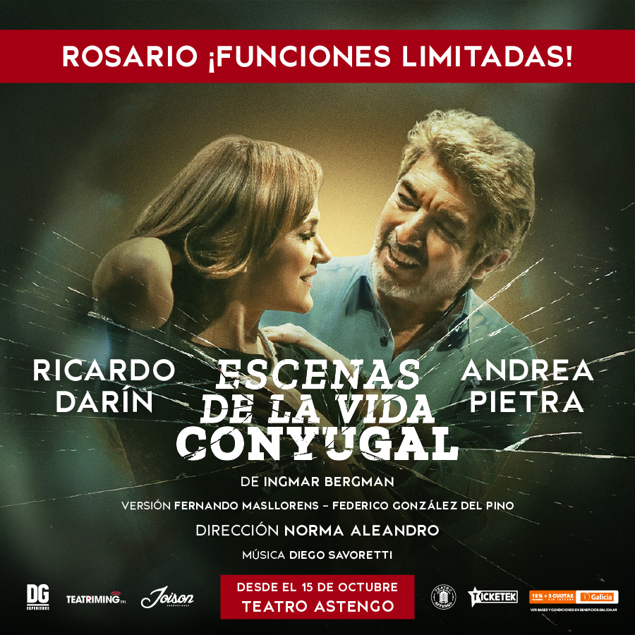 “Escenas de la vida conyugal” DE Ingmar Bergman. Directora: Norma Aleandro. Música: Diego Savoretti. Elenco artístico: Ricardo Darín & Andrea Pietra. Es precisamente en esa honestidad —en ese reflejo tan cercano de la vida misma— donde reside el enorme éxito de esta obra, que continúa emocionando a públicos de distintas generaciones alrededor del mundo.