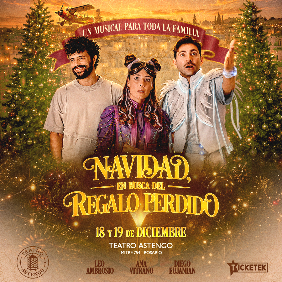 Con música navideña, bailarines, una puesta llena de color y momentos para emocionarse, “Navidad, en busca del regalo perdido” invita a grandes y chicos a compartir una aventura donde la ilusión y el espíritu de la Navidad están presentes en cada escena. *¿Logrará Ana encontrar el regalo que busca desde hace tanto tiempo?* Esta Navidad, subite a la avioneta y acompañá a Ana en la búsqueda del regalo perdido. ROSARIO 18 y 19 - 20 de Diciembre 2026 Teatro Astengo - Mitre 754 Anticipadas: Boletería y www.ticketek.com.ar